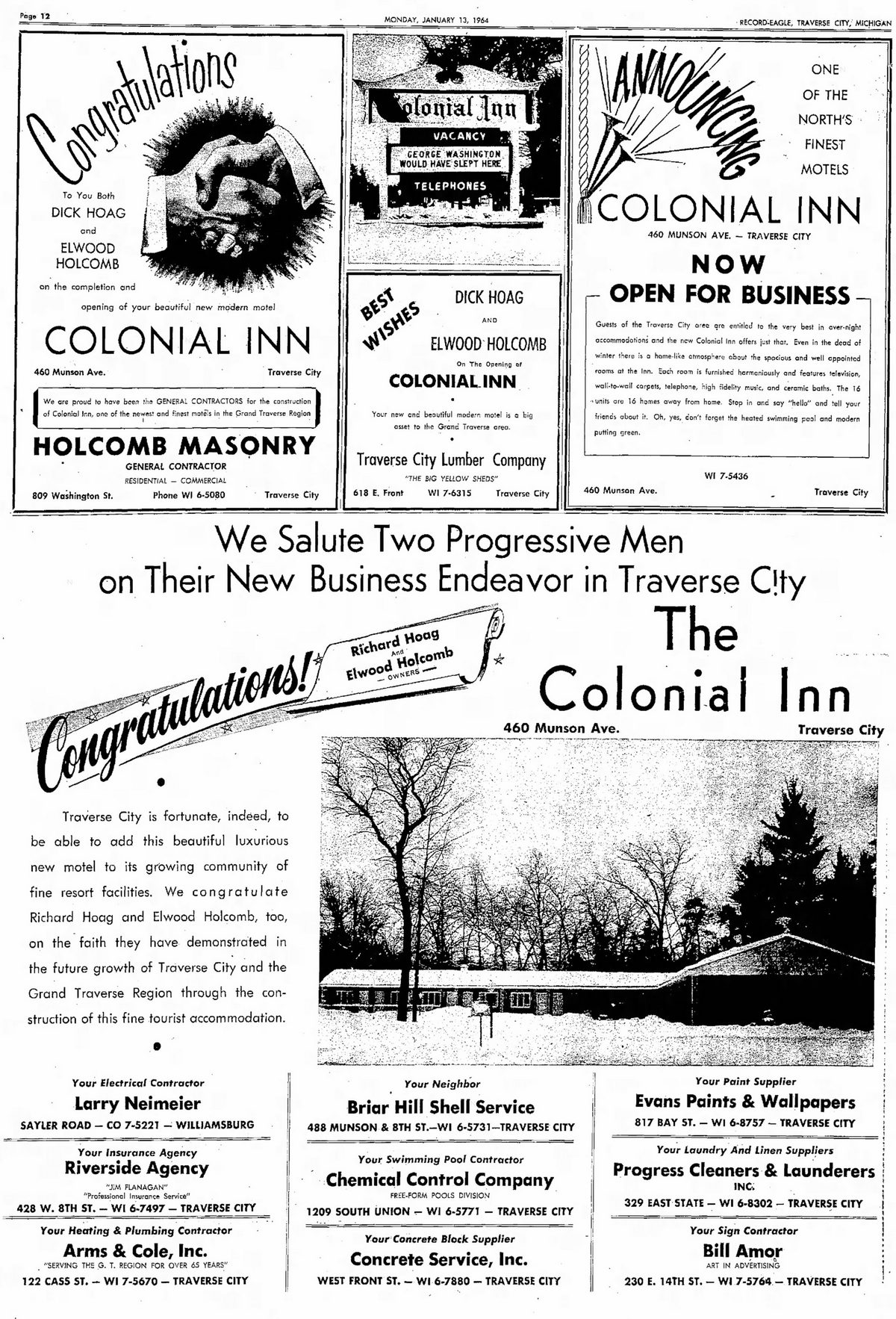 Colonial Inn (Comfort Inn Traverse City) - Jan 1964 Opening Ads